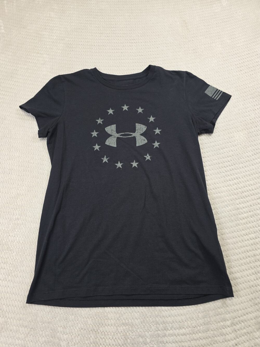 Under Armour Shirt Womens Medium Black Short Sleeve Flag Print Sleeve Loose Fit